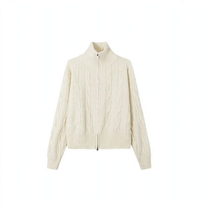 Women's knitted sweater with zipper and stand-up collar