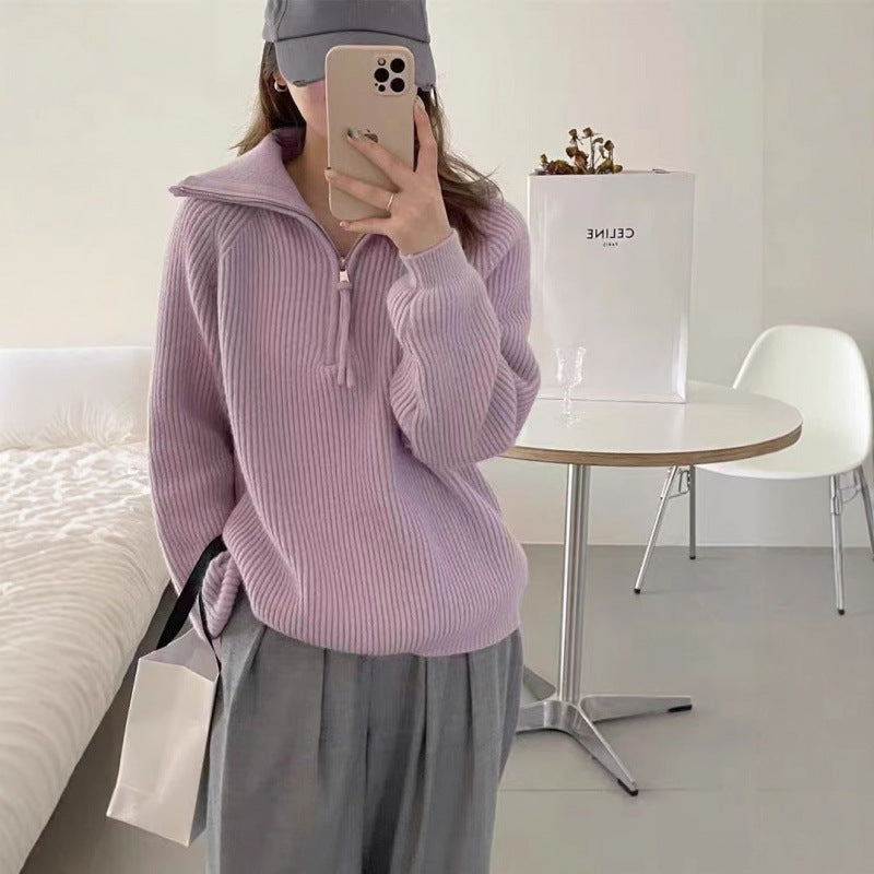 Women’s knitted pullover with zipper, ribbed knit