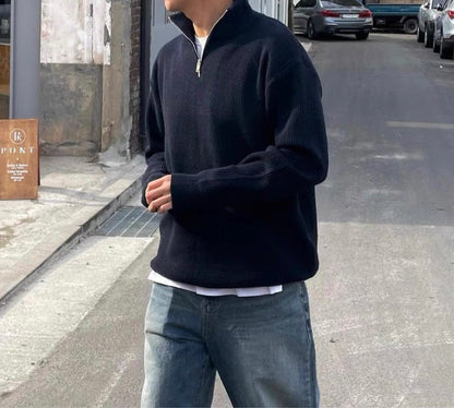 Men's knit sweater with stand-up collar and zipper
