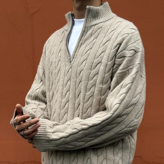 Men's knit sweater with cable pattern and zipper