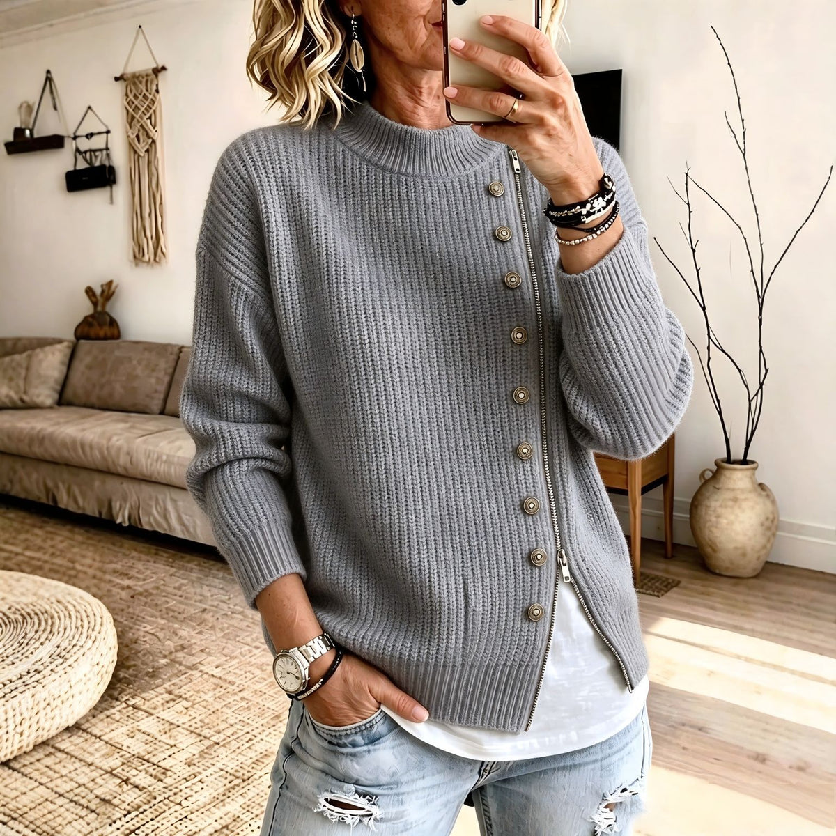 Women’s knit sweater with asymmetrical zipper
