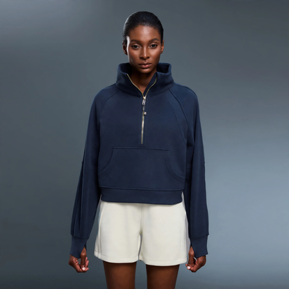 Women's sweatshirt with stand-up collar, zipper, and lining