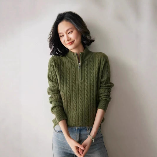 Women's knit pullover with zipper and cable pattern