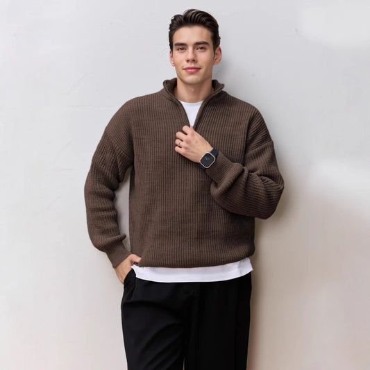 Men's knitted pullover with stand-up collar and half zip