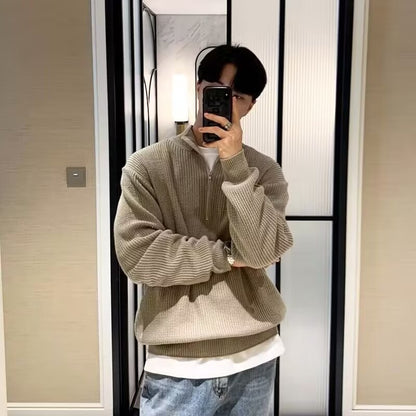 Men's knitted pullover with stand-up collar and half zip
