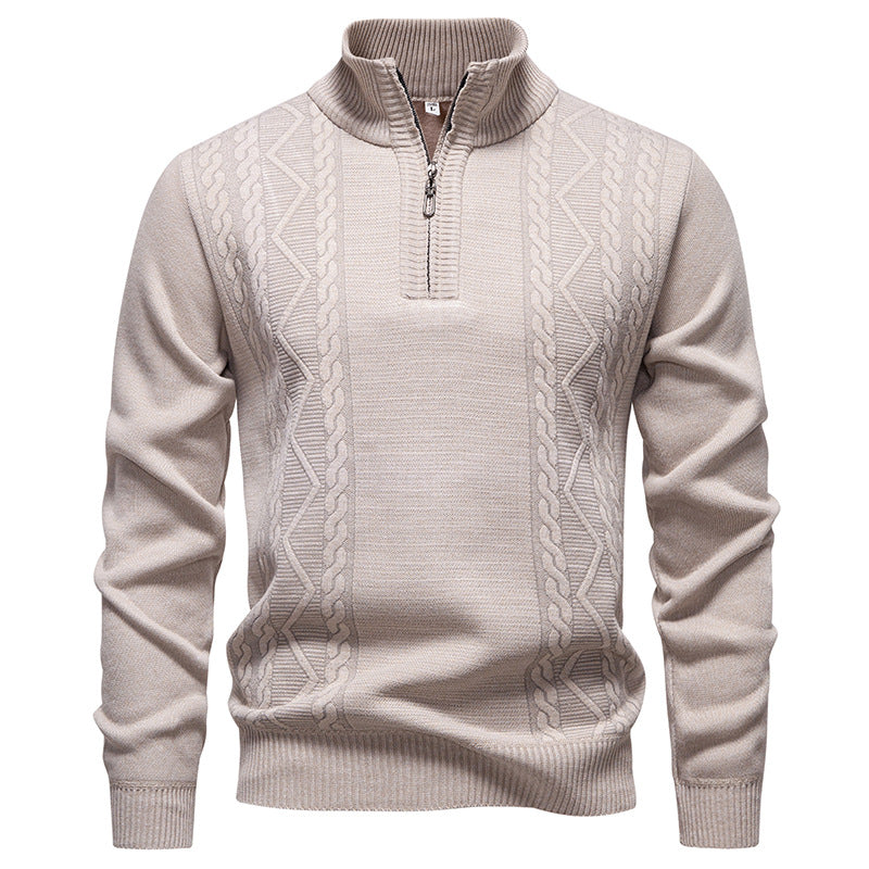 Men's knitted pullover with stand-up collar and half zip