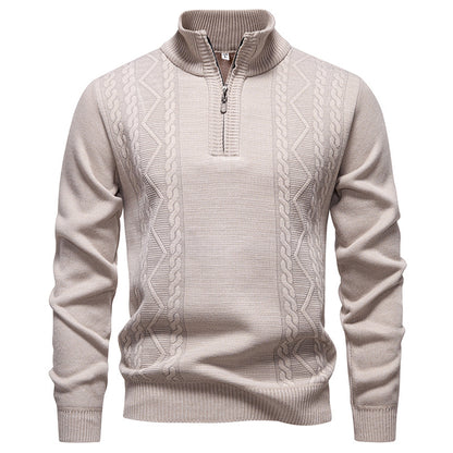 Men's knitted pullover with stand-up collar and half zip