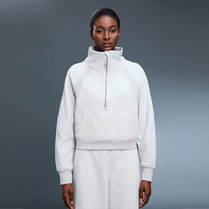 Women's sweatshirt with stand-up collar, zipper, and lining