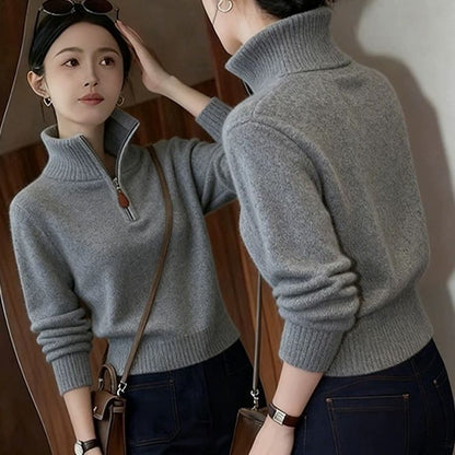 Elegant women's knit sweater with half zipper