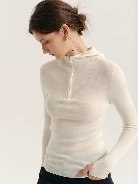 Ladies' knit sweater with hood and zipper
