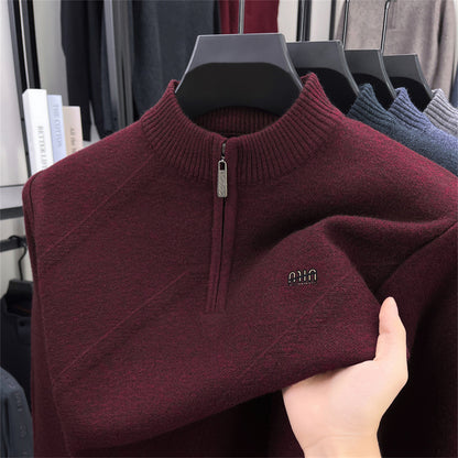 Men's knit sweater with stand-up collar and zipper