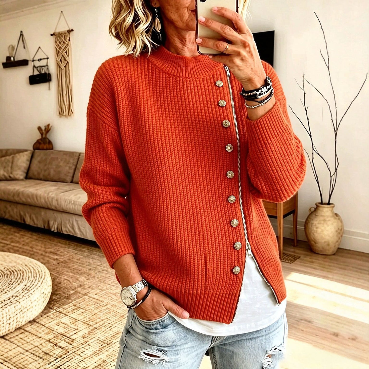 Women’s knit sweater with asymmetrical zipper