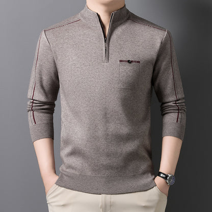 Men's knit sweater with stand-up collar and zipper