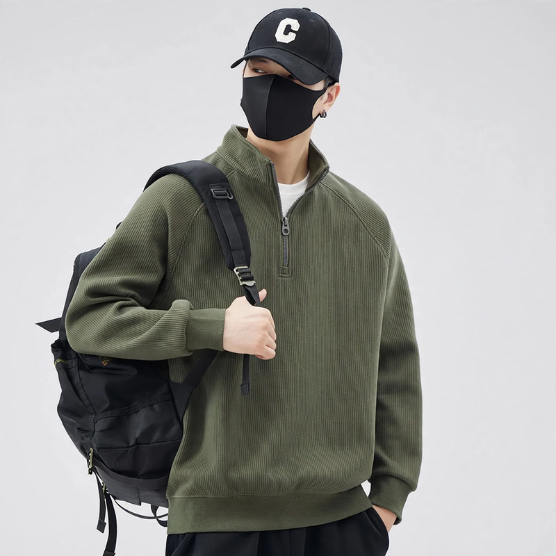 Loose pullover with stand-up collar and zipper