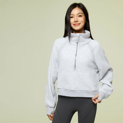 Women's sweatshirt with stand-up collar, zipper, and lining