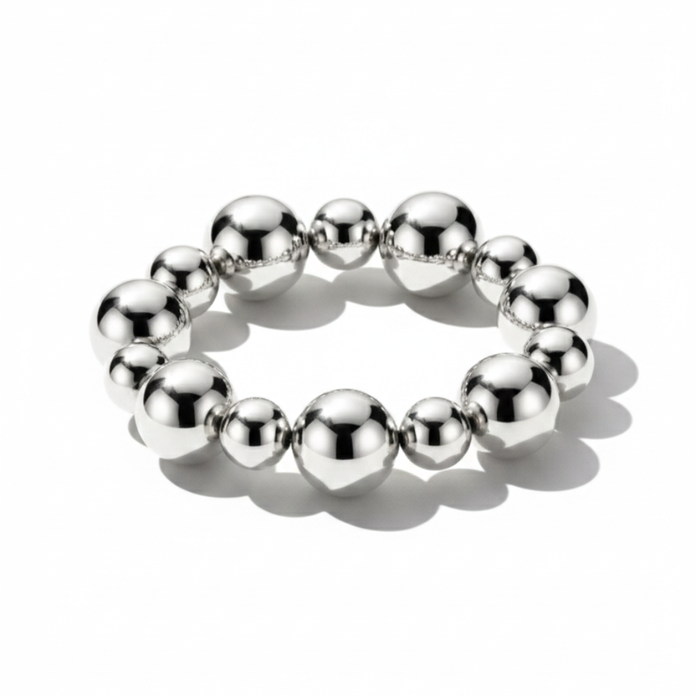 Women Elastic Bead Bracelet in Polished Silver Look