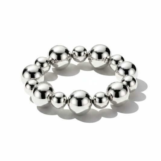 Women Elastic Bead Bracelet in Polished Silver Look