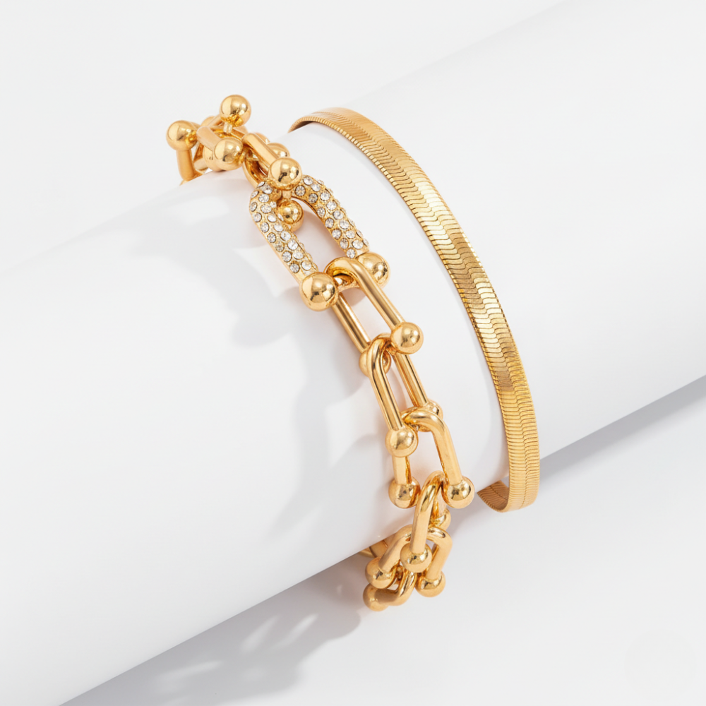 Women's Bracelet Set with Link Design & Snake Bracelet in Gold Look | Shopnory
