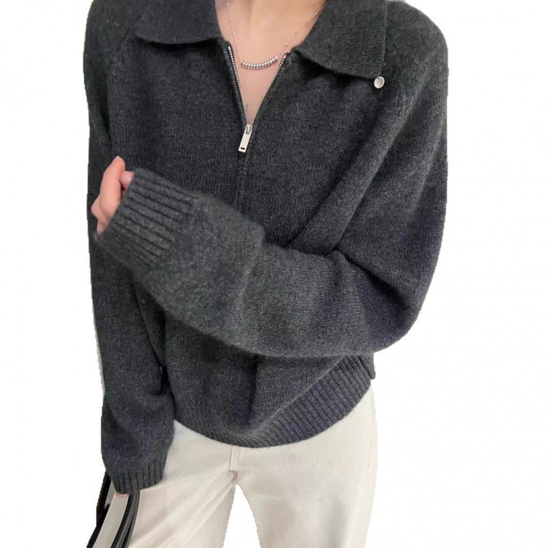 Knitted pullover with polo collar and zipper