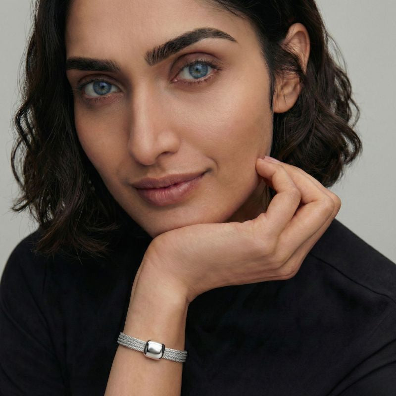 Women's Braided Bracelet with Smooth Center in Silver Look
