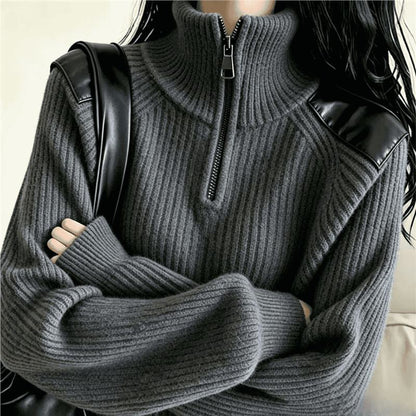 Women's knitted sweater with zipper and stand-up collar