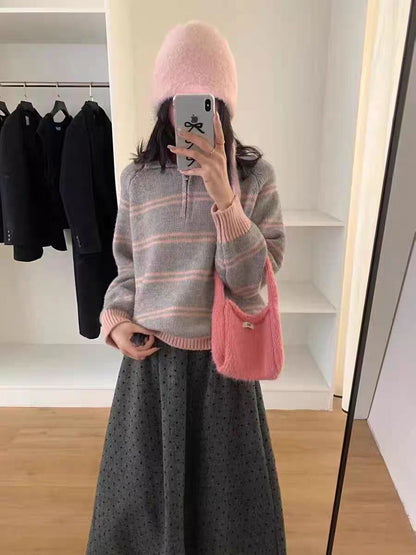 Women's knitted pullover with stripes and zipper