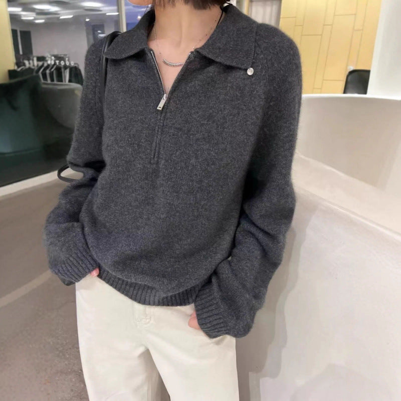 Knitted pullover with polo collar and zipper
