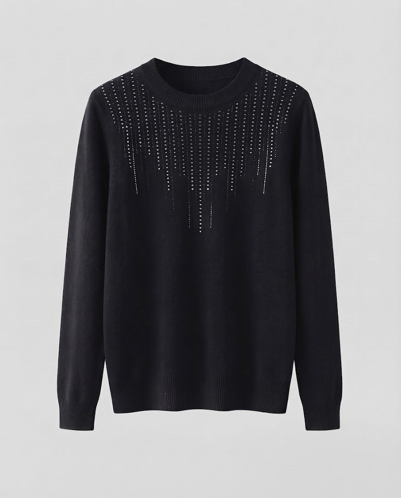 Women's Fine Crew Neck Sweater with Sparkling Rhinestone Cascade and Cashmere-like Texture Shop Velvia