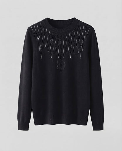 Women's Fine Crew Neck Sweater with Sparkling Rhinestone Cascade and Cashmere-like Texture Shop Velvia