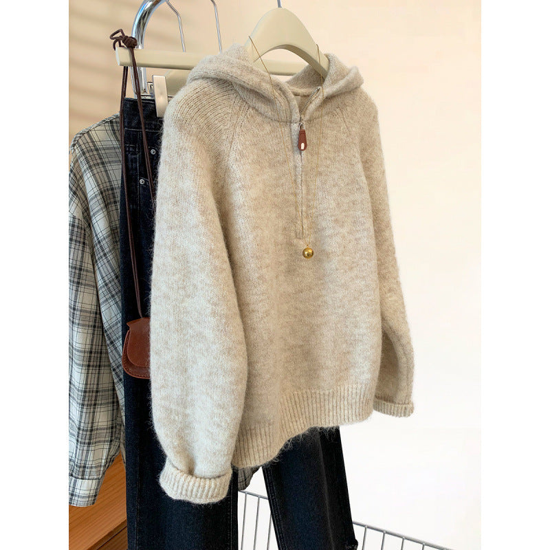 Women's knit hoodie with half zip