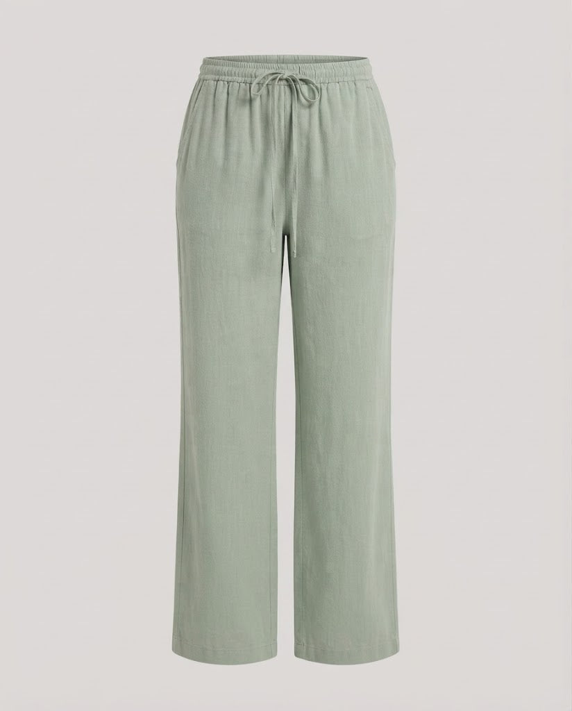 Women's High-Waisted Palazzo Pants in Linen Look with Elastic Waistband and Wide Leg Shop Velvia