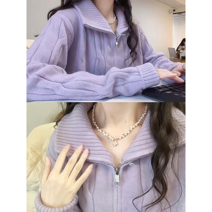 Women's knitted sweater with zipper and stand-up collar