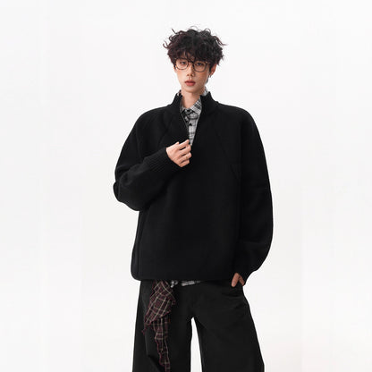 Unisex knitted pullover with stand-up collar and zipper