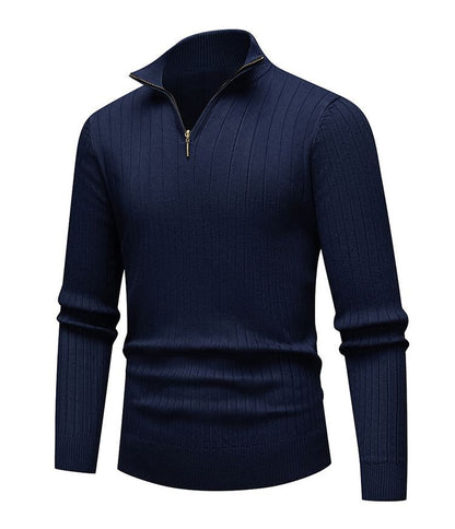 Men's knit sweater with stand-up collar and zipper