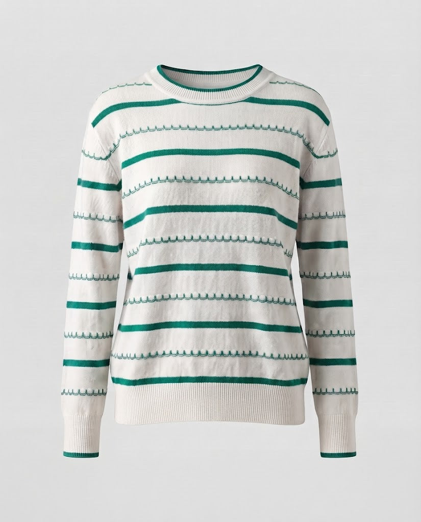 Women's Striped Fine Knit Sweater with Decorative Stitch and Round Neckline Shop Velvia