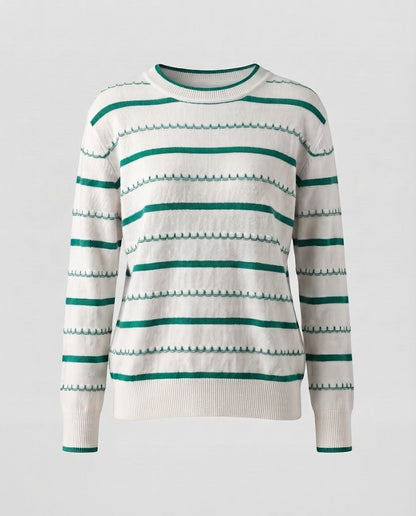 Women's Striped Fine Knit Sweater with Decorative Stitch and Round Neckline Shop Velvia