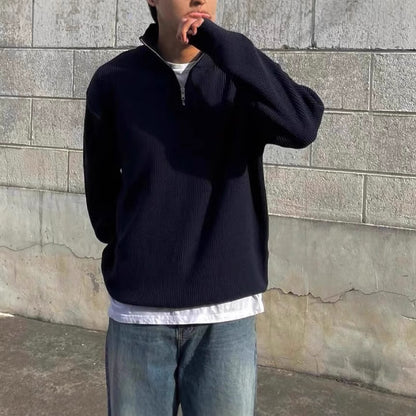Men's knit sweater with stand-up collar and zipper