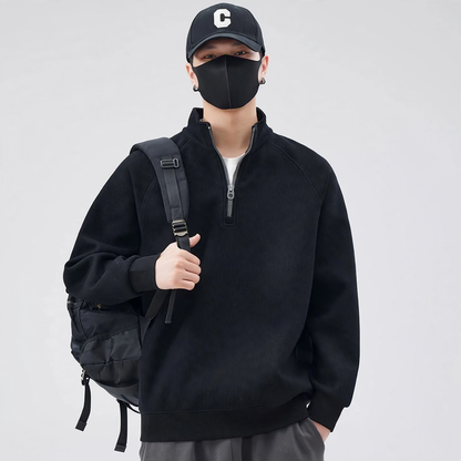 Loose pullover with stand-up collar and zipper