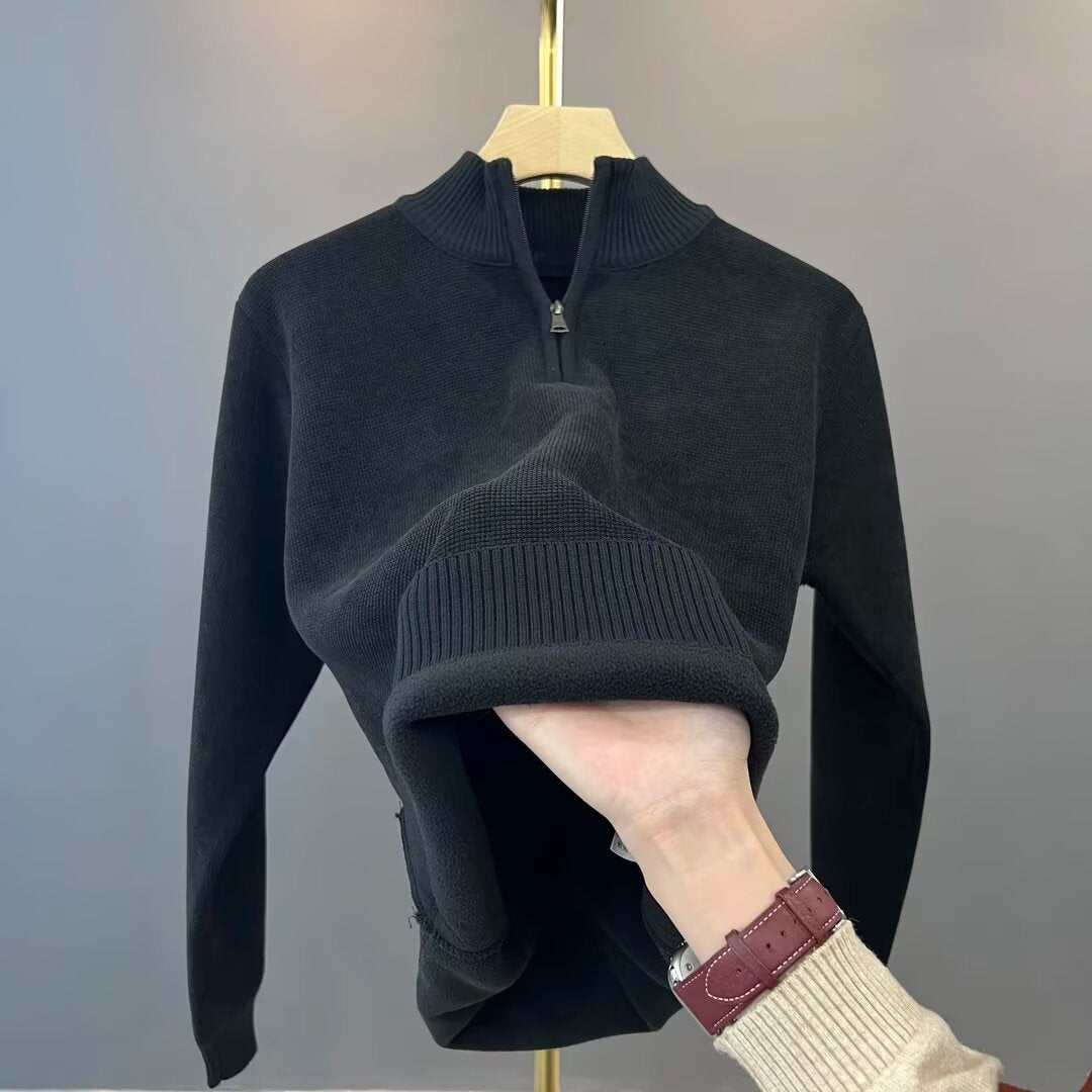 Warmer knit pullover with zipper and lining
