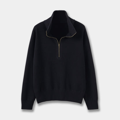 Women's knitted sweater with zipper and stand-up collar