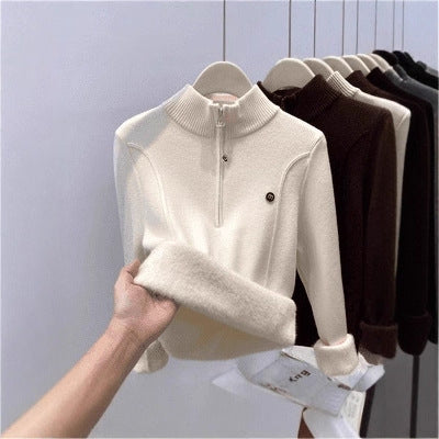 Women's knit sweater with stand-up collar and zipper