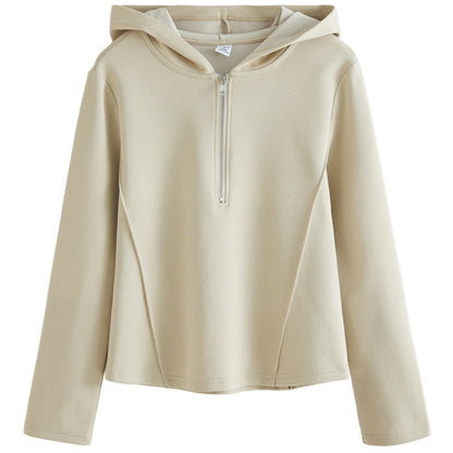 Women's hooded sweatshirt with zipper and stand-up collar