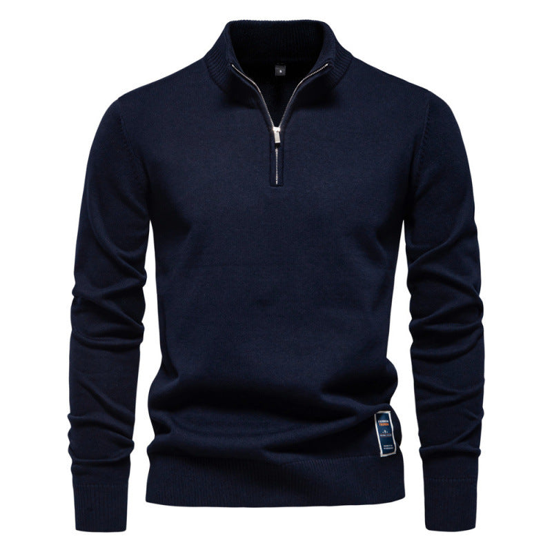 Men's knit sweater with stand-up collar and zipper