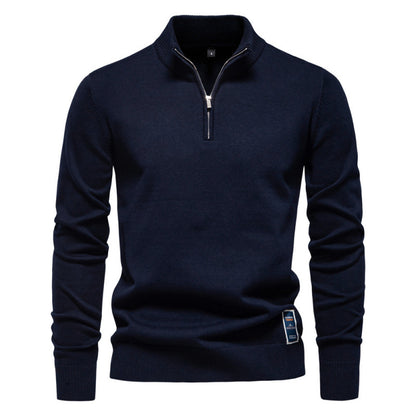 Men's knit sweater with stand-up collar and zipper