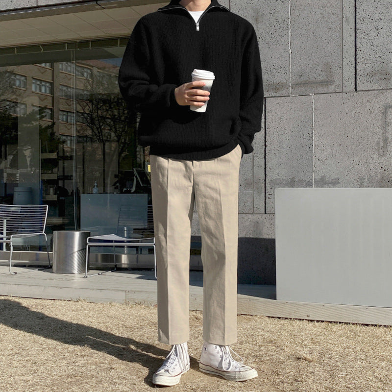 Men's knit sweater with stand-up collar and zipper
