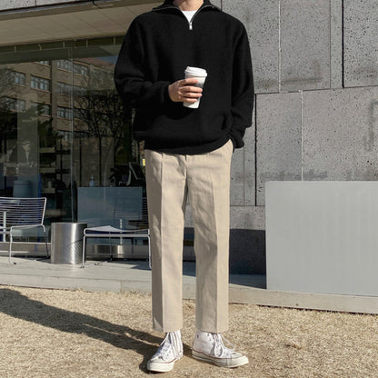 Men's knit sweater with stand-up collar and zipper
