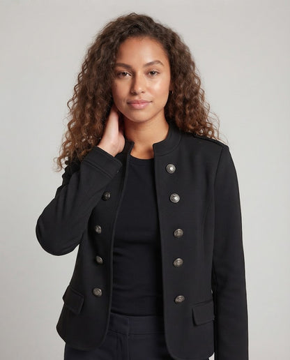 Women's Cropped Double-Breasted Military Jacket with Stand Collar, Epaulettes and Decorative Buttons Shop Velvia