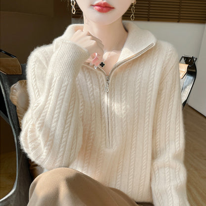 Women's wool sweater with cable pattern and half zipper