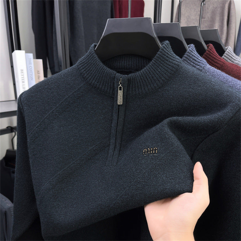 Men's knit sweater with stand-up collar and zipper