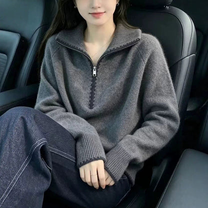 Loose knit sweater with zipper and lapel collar